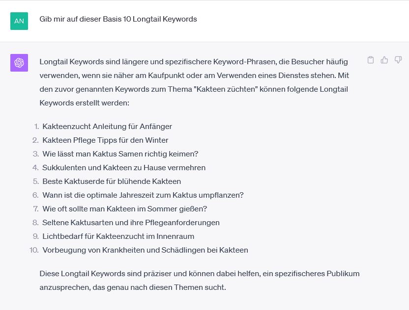 ChatGPT Longtailkeywords als Vorschlag für Homepage